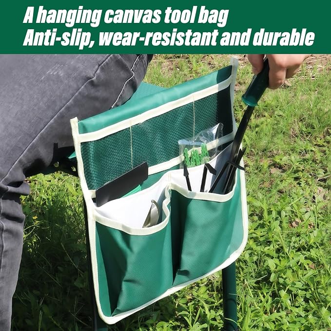 Adjustable Garden Kneeler and Seat, Foldable Garden Kneeler and Seat with Wider Kneeling Pad and 2 Tool Pouches Height Adjustable Heavy Duty Gardening Stool