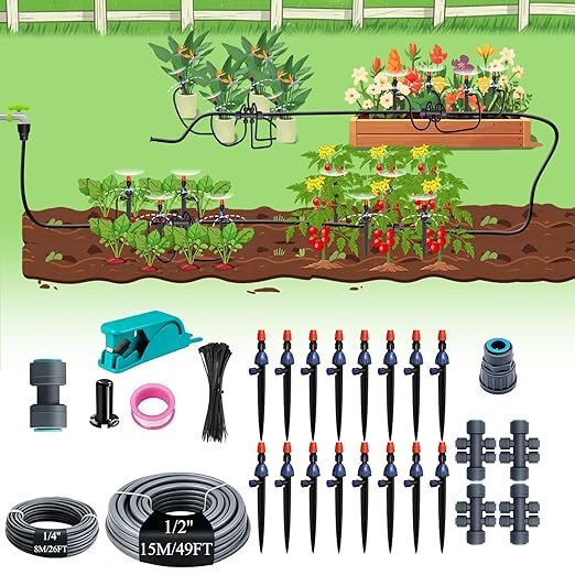 MYMULIKE 75FT Drip Irrigation System, Adjustable Drip Emitters, Upgraded Drip Irrigation Kit Automatic Irrigation Kit Garden Watering System for Flower Bed, Raised Beds, Lawn, Greenhouses