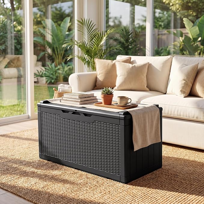 JUMMICO 100 Gallon Resin Deck Box with Cushion, Waterproof Outdoor Storage Box with Lockable Lid for Garden Tools, Patio Cushions (Black)
