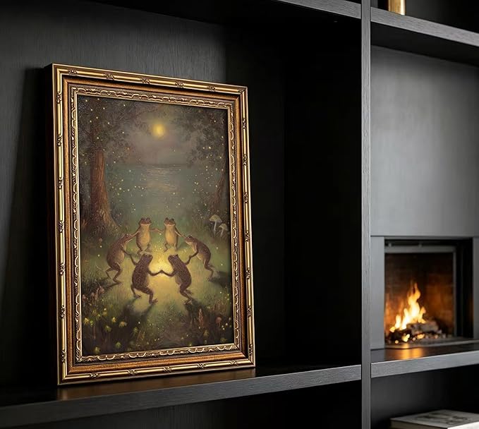 Vintage Gold Framed Frog Wall Art,Frogs Dancing in Moonlight Forest Painting Canvas Prints,Whimsical Animal Wall Decor,Retro Country Toad Poster Artwork,for Corridor Living room Bedroom Kitchen