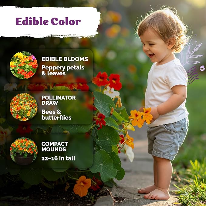 KVITER 75 Mix Jewel Nasturtium Seeds for Planting Outdoors (Tropaeolum Nanum) — Heirloom Seed Packet — Edible Flower Seeds to Plant Outside & Inside in Garden, Containers, Hanging Baskets