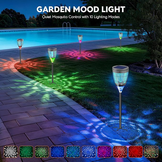Solar Bug Zapper Outdoor, Mosquito Zapper with Flame Light & RGB Projector | Solar Powered & USB Rechargeable, IP65 Waterproof 4200V Electric Mosquito Killer for Yard Garden Camping 2000 Sq Ft