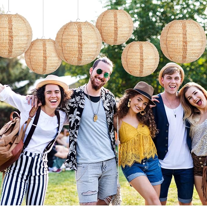 Hortsun 6 Pcs Print Burlap Paper Lanterns Round Chinese Paper Lanterns Farmhouse Boho Classroom Home Decor Classroom Sweet Birthday Party Ceremonial Event (8/10 Inch)