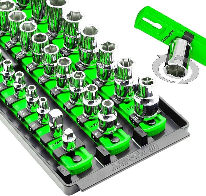 Ernst Manufacturing 8481 Socket Boss 3-Rail Multi-Drive Socket Holder Tray for Toolbox, Twist-Lock Secures Sockets, Green, Clips for SAE, Metric Socket Sets - Made in USA