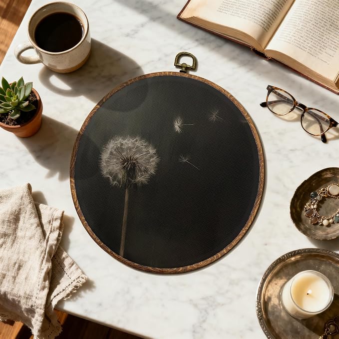 DOFQZ Vintage Dark Dandelion Floral Round Wall Art Decor, Rustic Flower Botanical Framed Wall Art, Dark Cottagecore Moody Plant Canvas Wall Hanging Decor for Home Bedroom Living Room, 10x10