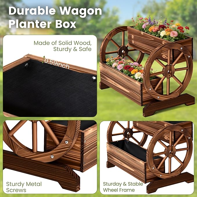 Extra Large Wooden Wagon Planter Box, 24" W 2-Tier Decorative Flower Cart with Wheels, Rustic Raised Garden Bed with Drainage Holes & Non-Woven Liner for Outdoor Plants, Flowers Herbs Vegetables