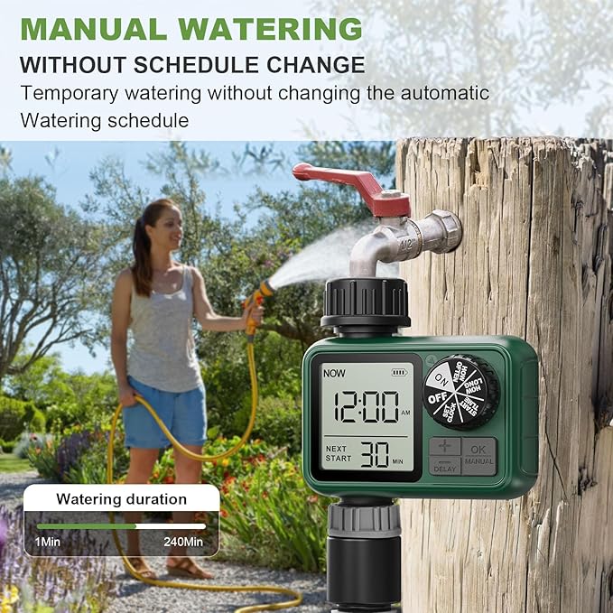 Water Timer for Outdoor Garden Hose, Sprinkler Timer for Garden Faucet with Auto/Manual/Rain Delay Mode, Sprinkler Irrigation Controller for Yard Lawn (1 Zone Plastic Inlet)