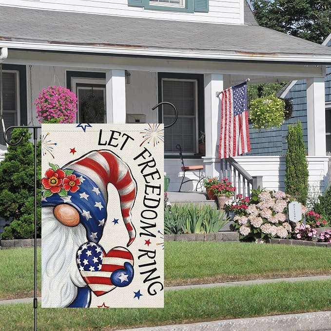 Heyfibro Let Freedom Ring Gnome Patriotic Garden Flag 12x18 Double Sided Burlap, 4th Of July Fireworks Red Flower Heart Pattern Yard Flags for Rustic Independence Day Outdoor Decor (ONLY FLAG)