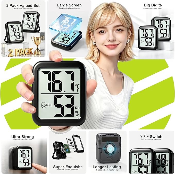 Antonki 2 Pack Room Thermometer for Home, Hygrometer Indoor Humidity Meter Gauge, Digital Temperature and Humidity Monitor Sensor for House, Terrarium, Incubator, Greenhouse - Battery Included