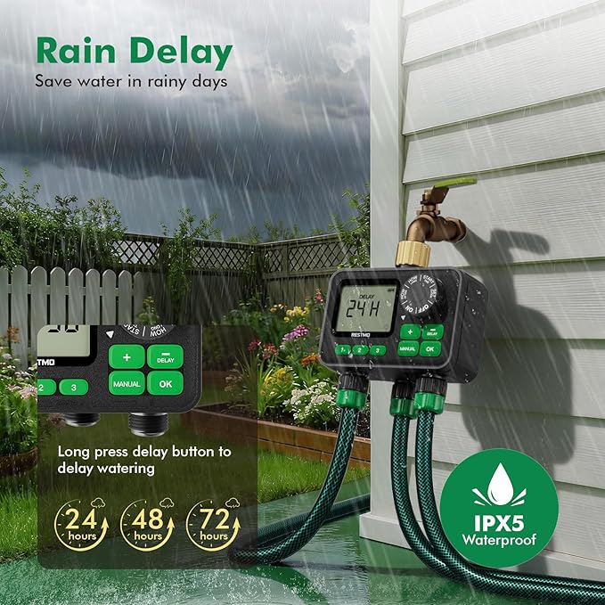 RESTMO Sprinkler Timer for Outdoor Hose Faucet 3 Zone, Up to 11h59m Programmable Watering Timer for Soaker Hose, Misting with Brass Inlet & Large Dial, Rain Delay/Manual/Automatic Irrigation System