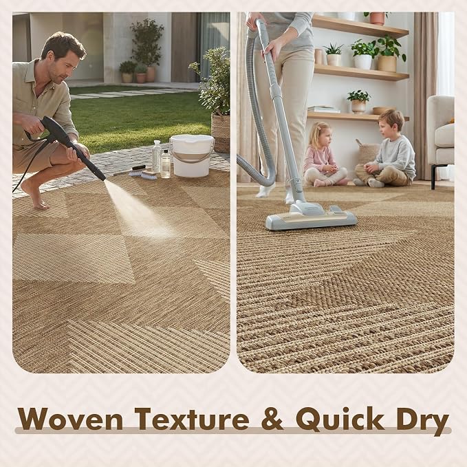 MontVoo-Outdoor Rug Carpet Patio Rug 4x6 ft Polypropylene Indoor Outdoor Rugs for Patio Deck Balcony Porch, Textured Weave, Durable for High Traffic, Fade-Resistant, Boho Geometric Neutral Brown