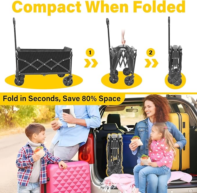 Wagons Carts Foldable, Collapsible Wagon Cart with Wheels, Portable Folding Utility Wagon with Adjustable Handle & Cup Holders for Grocery Shopping, Garden, Camping, Sports, Picnic & Small Hauls