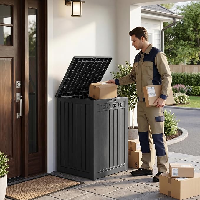 55 Gallon Package Delivery Boxes Outside Secure Waterproof Resin UV Resistant Lockable Mail Parcel Drop Mailbox Storage Deck Box for Outdoor Porch Patio Black
