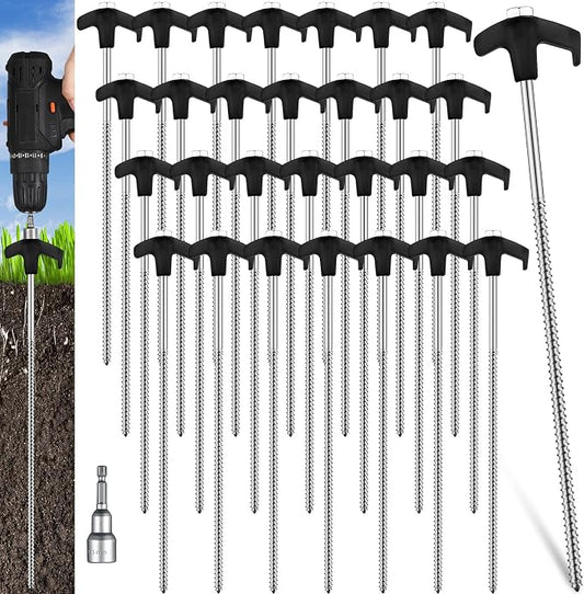 Hicarer 20 Pcs 12 Inch Tent Stakes Screw in Camping Stakes Heavy Duty Metal Spikes Ground Anchor Peg Threaded Tent Spikes with Hex Head Driver for Camping Garden Inflatable (Black)