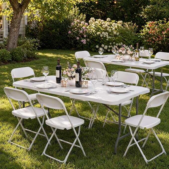 HAISIWLKJ Folding Table 5 FT Camping Table Portable Heavy Duty Plastic Rectangular Outdoor Dining Table Steel Legs Fold-in-Half with Carrying Handle for Indoor,Picnic,Party,Wedding,Events(White)