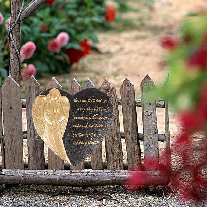 10 Inch Heart Shaped Angel Garden Mmeorial Stones, Memorial plaques for Outdoors, Memorial Garden Angel Decor, in Memory Garden Stones, Memorial Gifts (Black Heart Angel)