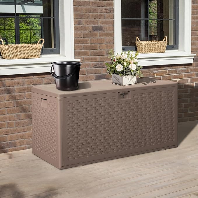 TARKARI 80 Gallon Deck Box,Outdoor Storage Box Lockable,Waterproof for Patio Furniture, Garden Tools, Pool Accessories, Package Delivery Boxes For Outside, Brown