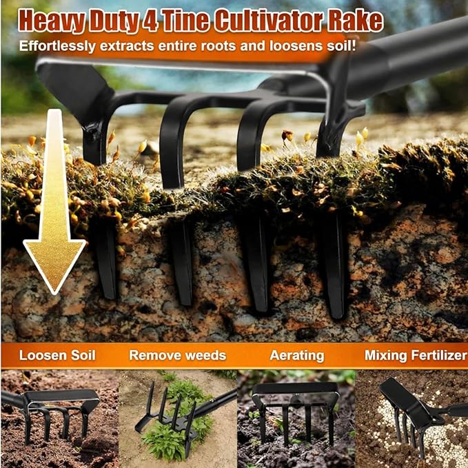 Garden Hoe, 2-in-1 Stirrup Action Hoe with 4-Tine Cultivator Rake, 74 Inch Long Handle Scuffle Weeder Hoe Weeding Tool for Fast Weeding, Soil Loosening, Aerating and Compost Mixing