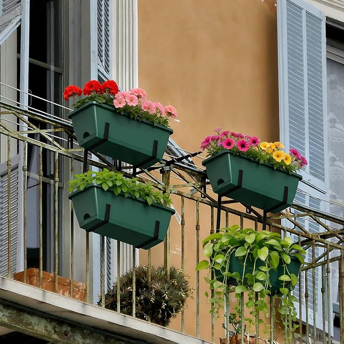 Rectangle Planters Box, 4 Pack Deck Hanging Planters for Railings, Window Box Planter with Drainage Holes & Trays, 16.9 Inch Balcony Planters Railing Hanging with Metal Brackets, Black Green (Green)