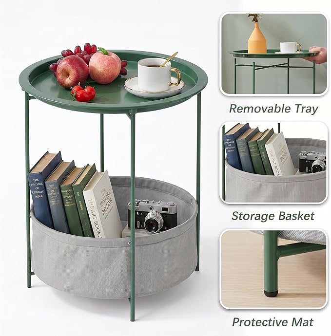 VECELO Round Side/End Table with Fabric Storage Basket，Metal Anti-Rust and Waterproof Small Bedside Nightstand with Removable Tray Top for Living Room，Balcony & Laundry，Dark Green /1pcs with Basket