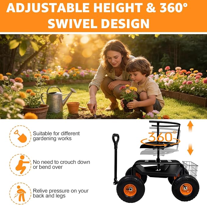 Garden Cart Rolling Workseat with Wheels, Gardening Stool for Planting, 360 Degree Swivel Seat, Wagon Scooter with Steering Handle & Utility Tool Tray, Use for Patio, Yard, and Outdoors