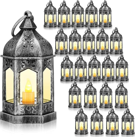 Hortsun 24 Pcs Vintage Lanterns Mini Lantern for Wedding Table Centerpiece Retro Decor with LED Candle Battery Powered Hanging for Medieval Wedding Cowboy Halloween Party Decoration Supplies(Silver)