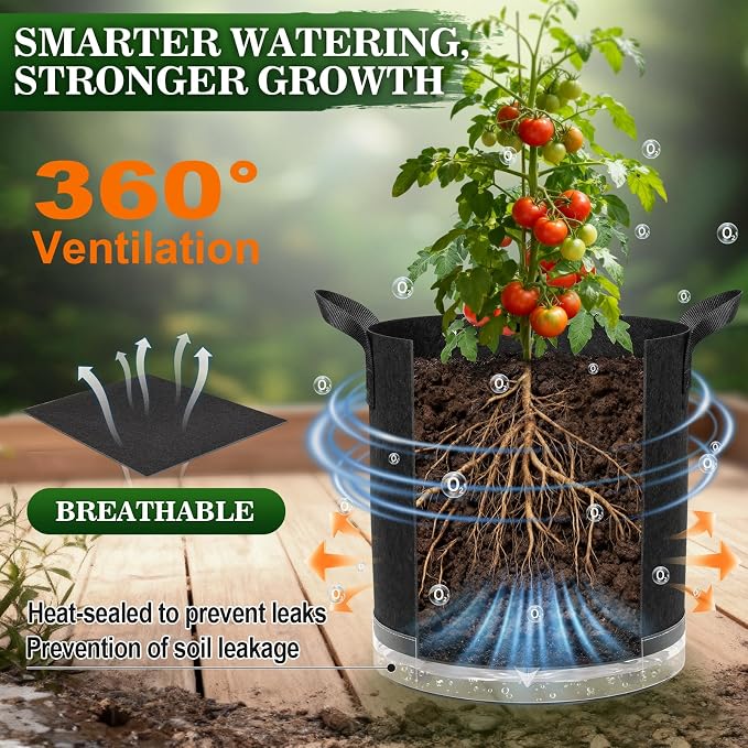 5 Pack 7 Gallon Self-Watering Grow Bags, Thick Nonwoven Fabric Pots with Support Rings and Reinforced Handles, Self-Watering Planter with Bottom Reservoir for Tomatoes Peppers Potatoes and Vegetables