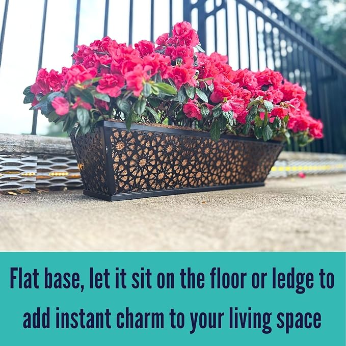 LaLaGreen Window Boxes Planters for Outdoor Plants (24 Inch, 2 Pack) Large Fence Hanging Planter Metal Deck Railing Flower Box with Coco Liner, Trendy Horse Troughs Balcony Pots Patio Porch Over Rail
