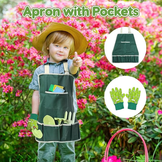 CUTE STONE Kids Gardening Tool Set, 20PCS Gardening Toys Includes Metal Rake,Fork,Trowel,Apron,Gloves,Watering Can,Tote Bag and Strickers, Garden Tool Kit for Kids, Outdoor Toys Gift for Boys Girls