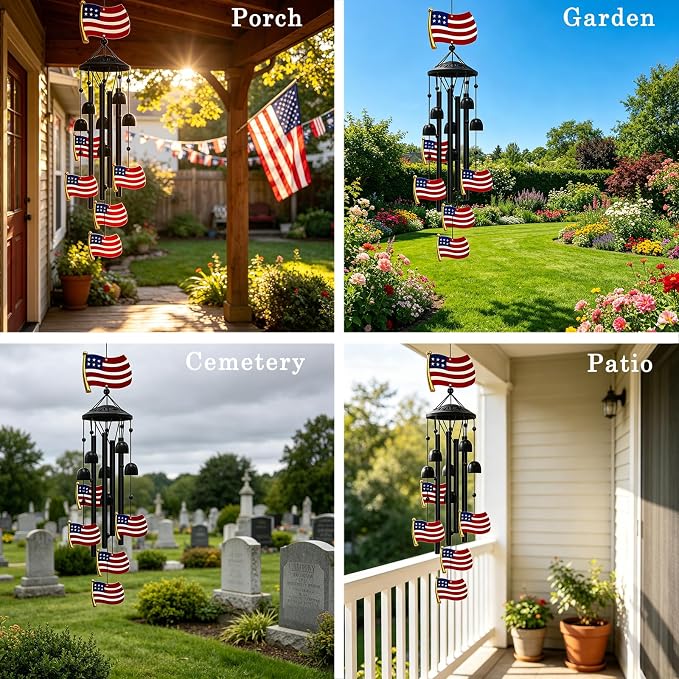 American Flag Patriotic Wind Chime, Red White Blue Aluminum Tube Wind Chimes Waterproof Hanging Ornament for Front Porch Garden Yard, 4th of July Independence Day Memorial Day Veterans Day Gift