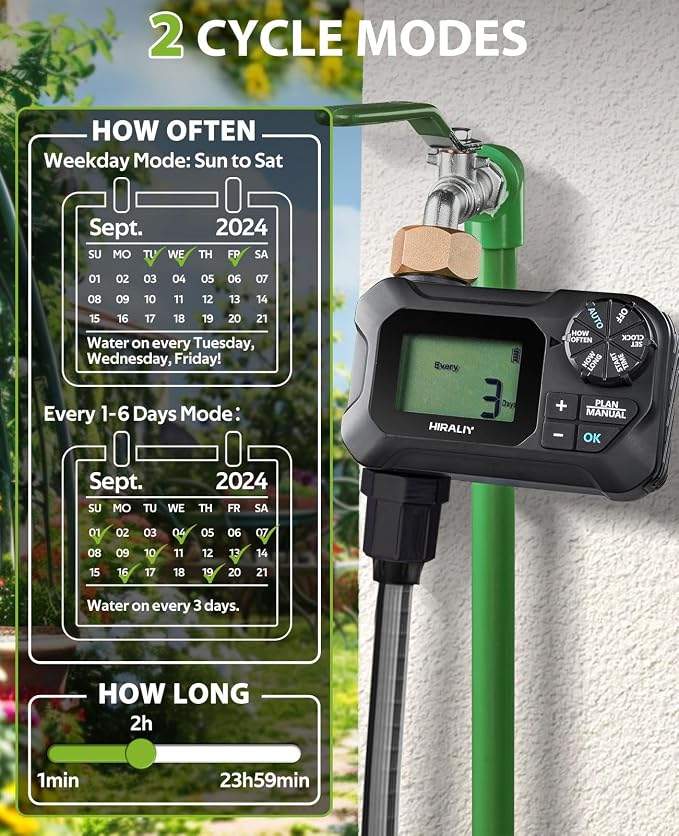 HIRALIY Water Timer for Garden Hose, Programmable Sprinkler Timer Outdoor, for Irrigation System Garden Watering, Rain Delay/Manual Mode, Brass Connector, IP65 Waterproof