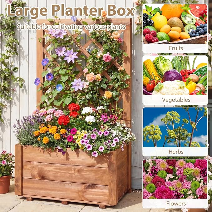 Giantex Raised Garden Bed Set 2 w/Trellis, Drainage Hole, 23”x14”x40” Wood Elevated Planter Box for Climbing Vine Flower Herb Vegetable Fruit, Planting Container for Indoor Outdoor Patio Balcony
