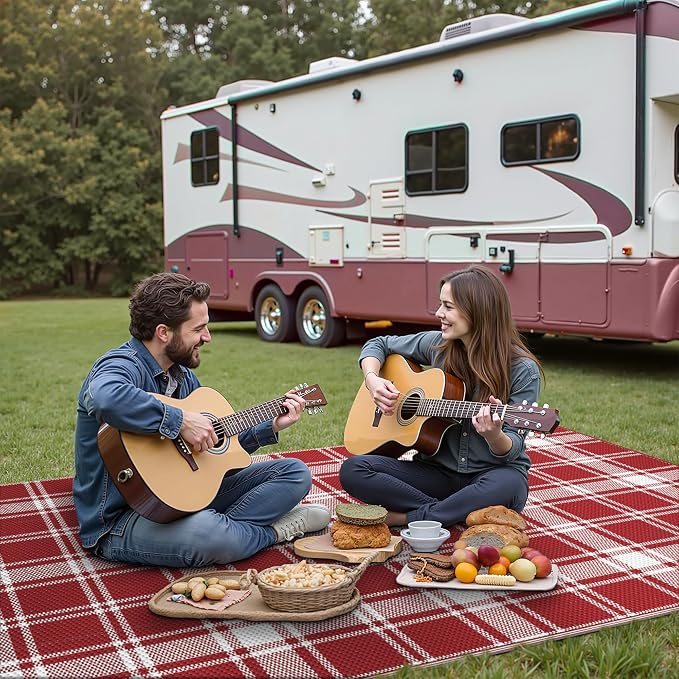 GENIMO Waterproof Outdoor Rug for Patio Clearance, 9'x12' Reversible Plastic Straw Rugs, Lightweight RV Camping Mat for Camper, Balcony, Deck, Backyard, Picnic, Red White Plaid