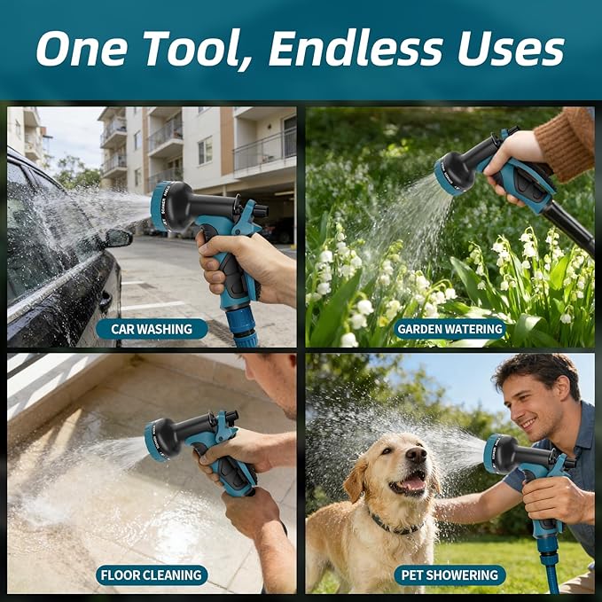 Besiter Garden Water Hose Nozzle, Water Spray Nozzle with 10 Spray Modes Suitable for Watering Plants, Iawns and Gardens, Car Washing, Cleaning, Showering Pets and Outdoor Fun, Blue