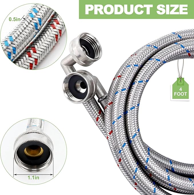 4ft Stainless Steel Washing Machine Hose with 90 Degree Elbows 2 Packs Braided Premium Washer Hoses Supply Lines-Washer Hoses 4ft Hot and Cold Striped Water Connection-by MIFLUS