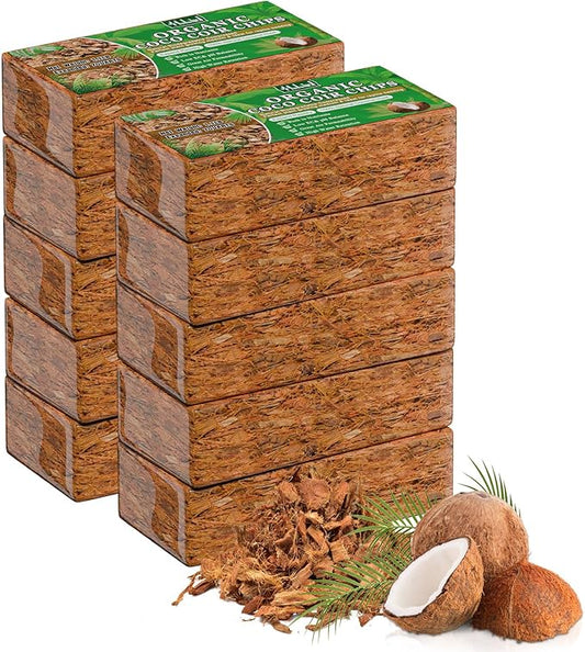 Halatool 10 Pcs Coco Husk Chips for Plants - 11 LB 100% Organic Coconut Coir Chips with Low EC and pH Balanced, Compressed Coco Substrate Growing Mulch Medium for Landscaping, Herbs, Plants, Flowers