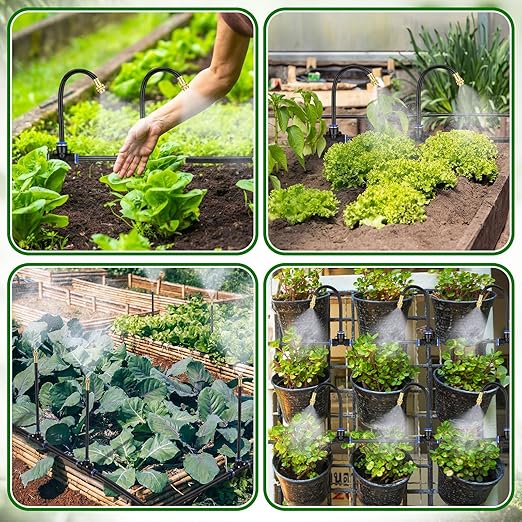 SiliFine 150 Pcs 98 ft 3/8" Greenhouse Drip Irrigation Kit with 40 Brass 360° Adjustable Nozzles and Faucet Adapter Install Adapters for Plants Lawns Gardens