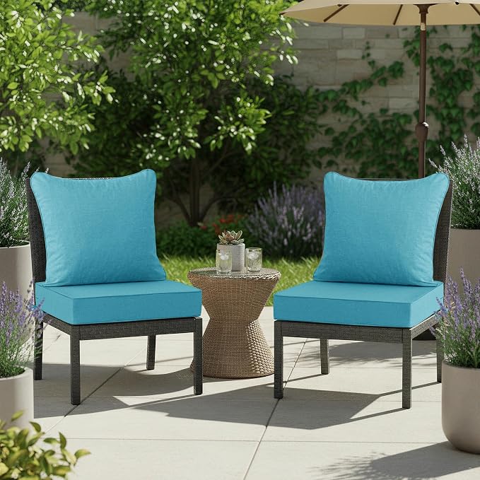 Summsun Faux Linen Outdoor Chair Cushions, Water Resistant Backrest and Seat Cushion Set with Removable Cover, Straps, Non-Slip Bottom for Patio Furniture, 19 x 19 Inch, Teal, Set of 2