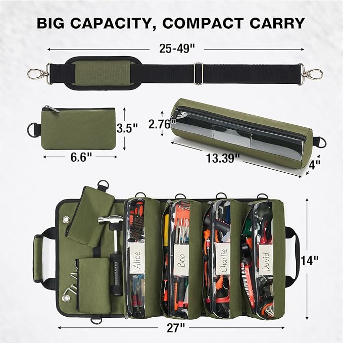 HISEA Roll Up Tool Bag, Heavy Duty Tool Storage Large-Capacity, 27"*14" Portable Tools Organizer with Utility Detachable Pouches, Waterproof Tool Roll Bag for Mechanic, Electrician, Gifts