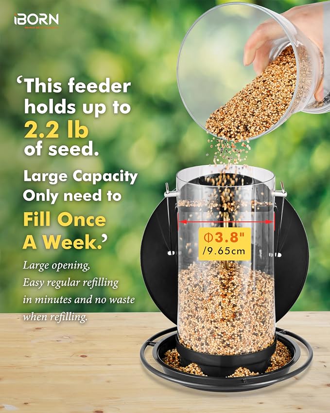 iBorn Metal Bird Feeders for Outdoors Hanging,Wild Bird Feeders for Cardinal,18cm Large Roof&Tray Black 6 Port (Seed is not Included)