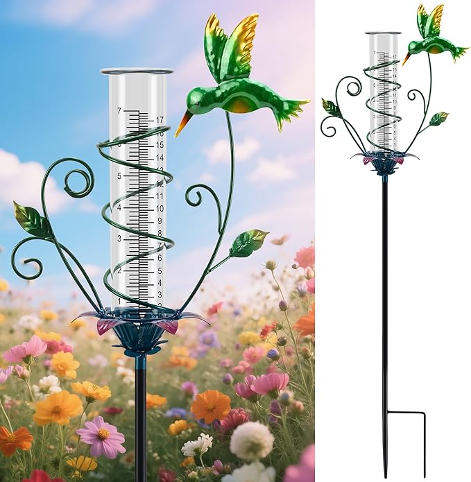 Hummingbird Rain Gauge Outdoor, Metal Rain Gauge with Stake 8 Inch Rain Measure Gauge for Garden, Lawn, Fence, Patio