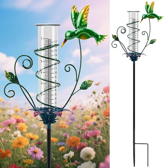 Hummingbird Rain Gauge Outdoor, Metal Rain Gauge with Stake 8 Inch Rain Measure Gauge for Garden, Lawn, Fence, Patio