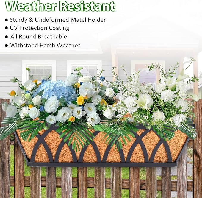LCHUANG Deck Railing Planter Window Box - 2 Pack 30 Inch Deck Balcony Rail Planter with Coconut Coir Liner, Fence Metal Hanging Flower Planter Basket Deck Railing Planter Boxes for Outdoor Lawn