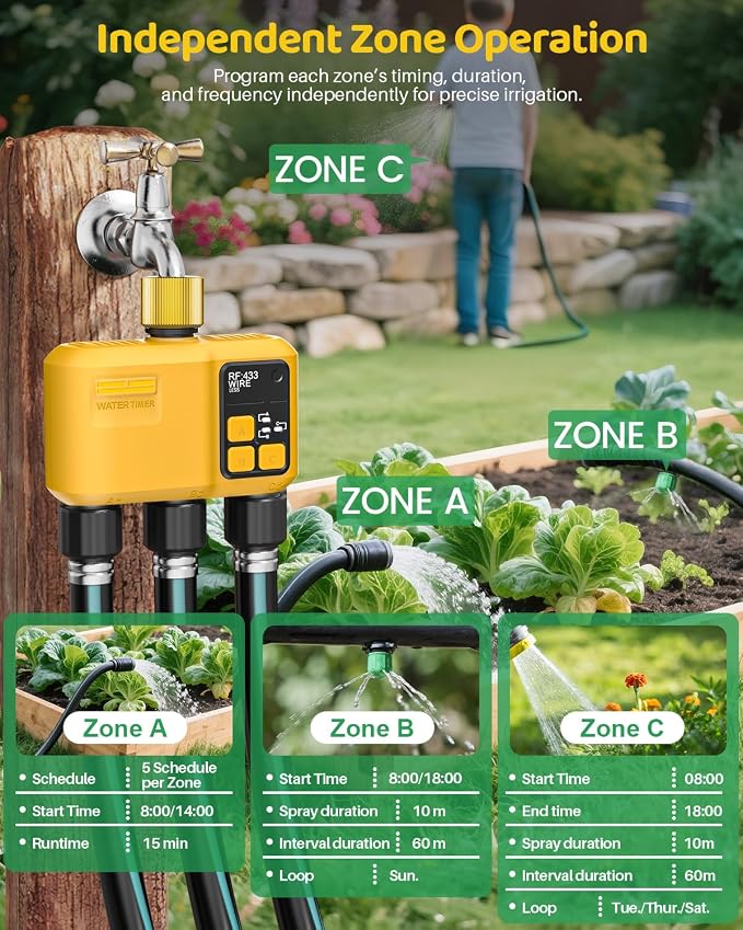 WiFi Water Timer 3 Zone for Garden Hose, Smart Sprinkler Timer with 984ft RF Range, Brass Inlet, APP/Voice Control, Rain Delay, Automatic/Manual Irrigation