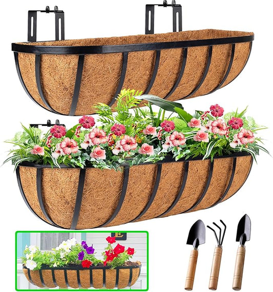 HKZ Deck Balcony Railing Planter Window Boxes - 2 Pack 24 Inch Planter Box, Balcony Planters Railing Hanging, Window Boxes Outdoor Fence Planters