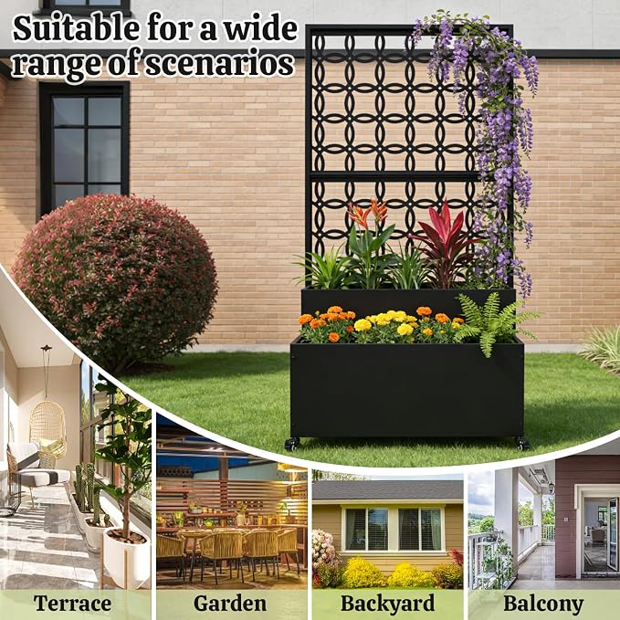 Metal Raised Garden Bed with Trellis and Wheels, 70"x35"x15" Large Planter Box for Climbing Plants & Vegetables, Outdoor Rolling Planter with Drainage Holes and Privacy Screen (Black)