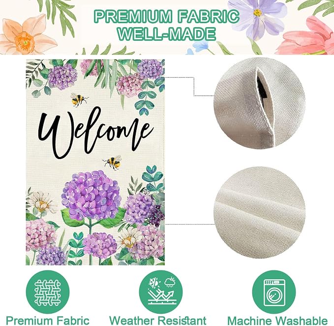 Baccessor Summer Hydrangea Garden Flag Double Sided 12x18 Inch, Purple Flower Floral Welcome Small Yard Flag Burlap Seasonal Farmhouse Yard Outdoor Decoration
