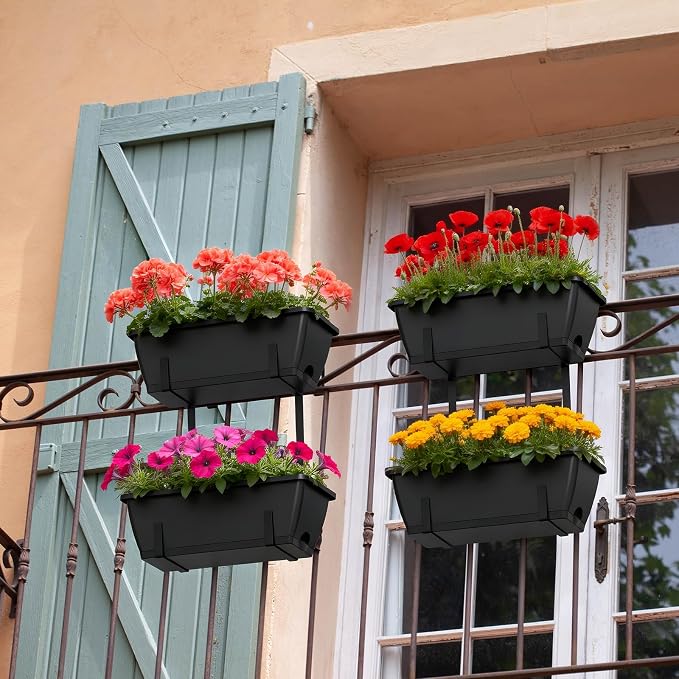 Rectangle Planters Box, 4 Pack Deck Hanging Planters for Railings, Window Box Planter with Drainage Holes & Trays, 16.9 Inch Balcony Planters Railing Hanging with Metal Brackets, Black