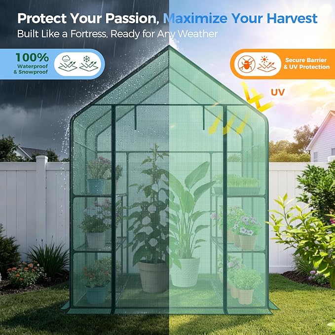 Ohuhu Greenhouse for Outdoors with Screen Windows, 57 x 57 x 76'' Walk in Plant Greenhouses Heavy Duty with Durable PE Cover, 3 Tiers 12 Shelves Stands Plastic Portable Green House with Shelf Clips