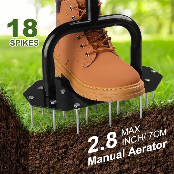 Manual Lawn Aerator with 18 Iron Spikes Heavy Duty Spike Aeration Tool for Grass, Yard, Garden Step Aerator Lawn Tool 37 Inch